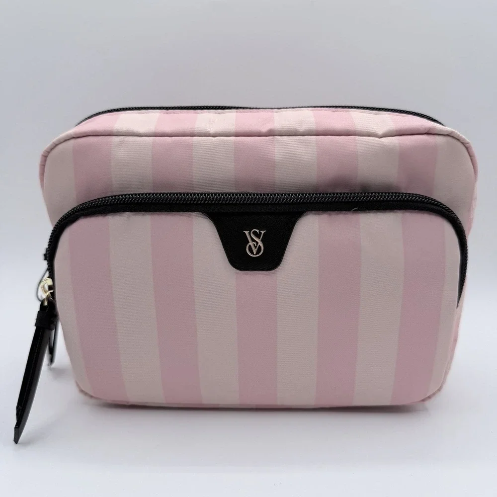 Victoria's Secret Pink Stripe Cosmetic Makeup Travel Organizer Dual Zip Bag NWT